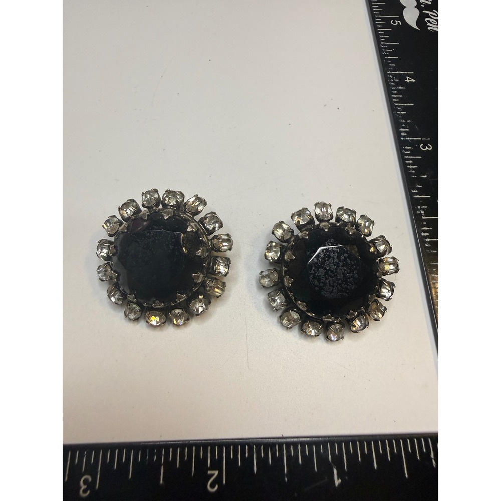 Vintage Black Faceted Stone Clear Rhinestone Halo Clip On Earrings Silver‎ Tone